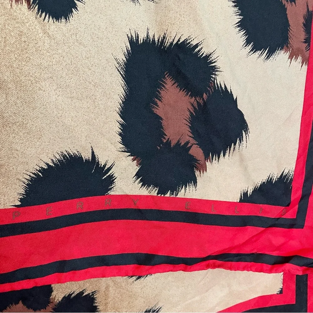 Large Perry Ellis Silk‎ Scarf Wrap Shawl Animal Print Tan Black Red Bordered